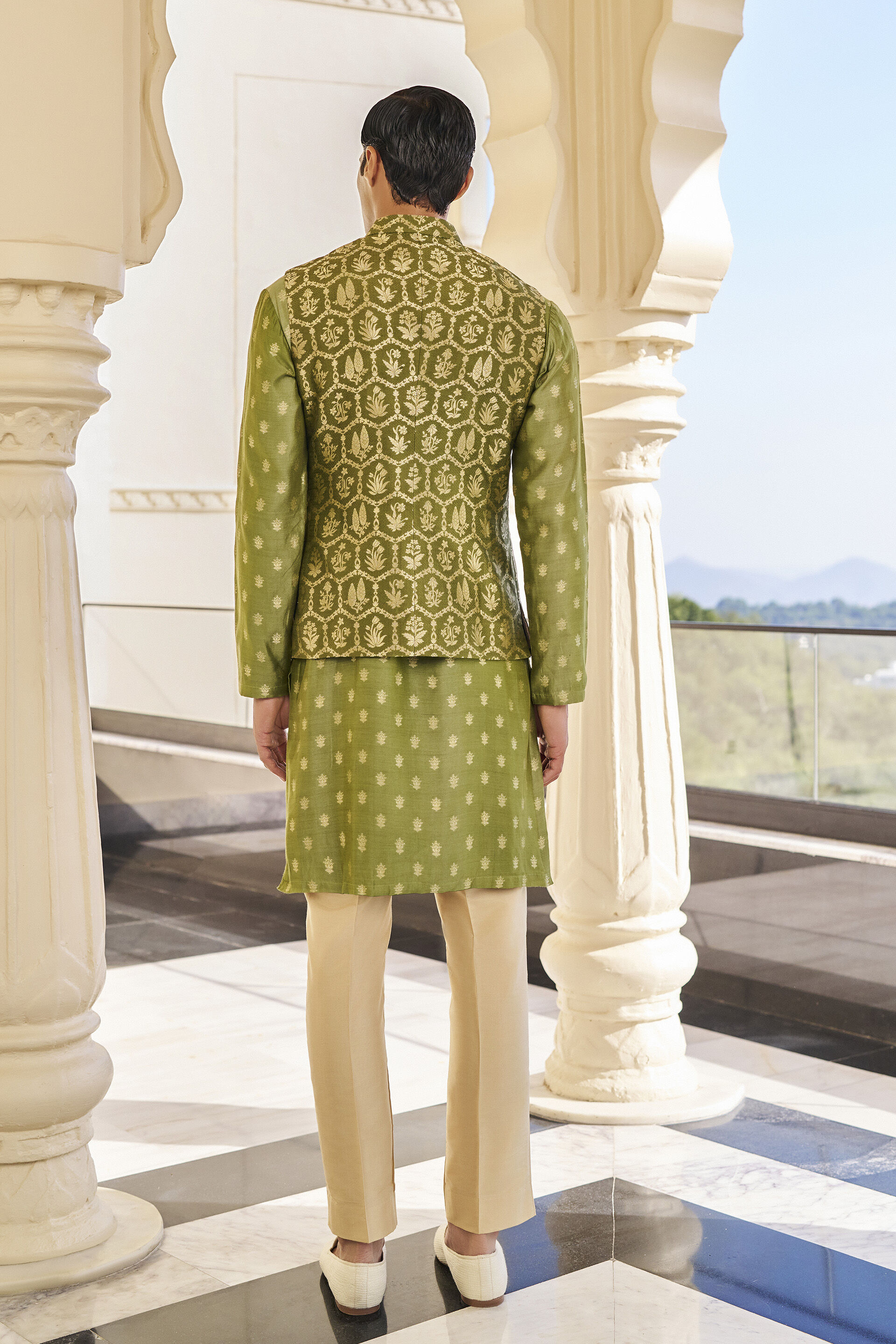 Ahan Olive Green Benarasi Nehru Jacket